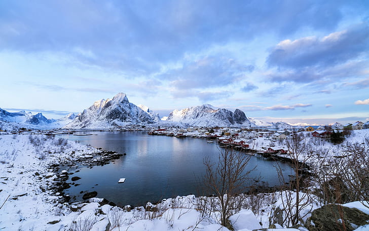 Landscape Lake Fishing Village Mountains With Snow Lofoten Norway Hd Wallpapers For Desktop 2560×1600