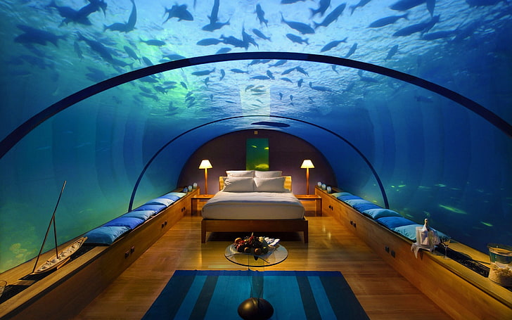 underwater, bedroom, hotel, interior, aquarium, architecture