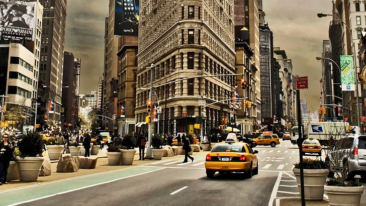 yellow taxi cab, manhattan, street, traffic, new York City, manhattan - New York City, HD wallpaper