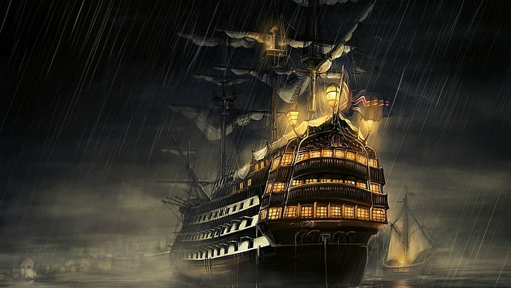 1920x1080 px artwork Lights night rain Sailing Ship sea Video Games Age of Conan HD Art