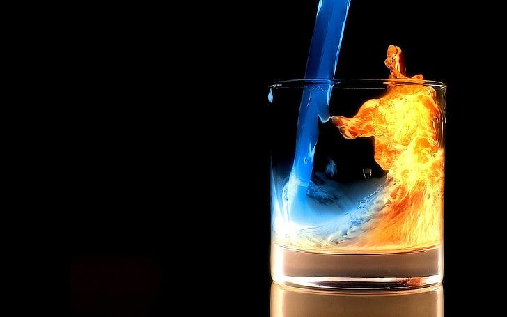 clear glass tumbler, fire, black, water, burning, studio shot