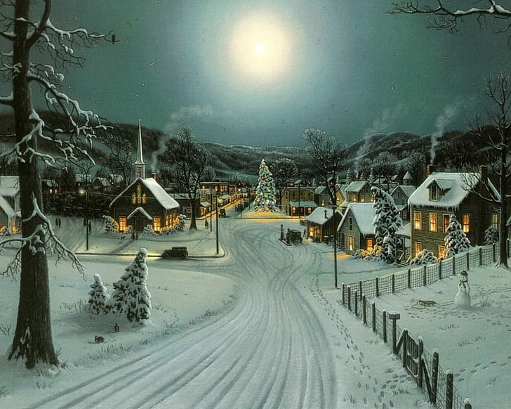 winter christmas villages Nature Seasons HD Art, HD wallpaper