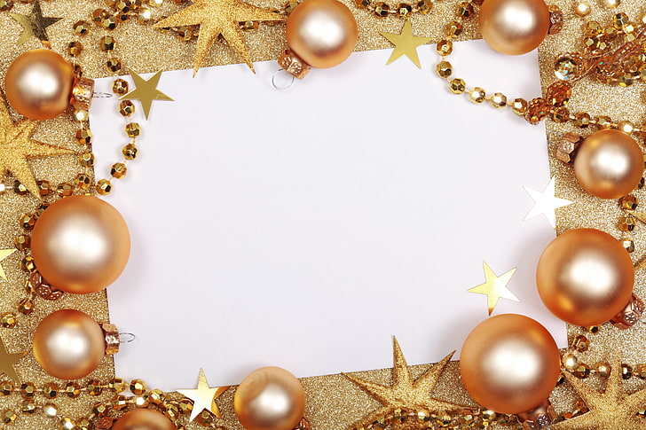 white printer paper, decoration, gold, balls, New Year, Christmas, HD wallpaper