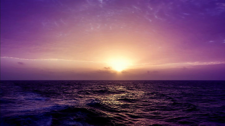 yellow sun, color correction, sunset, sea, waves, water, sky, HD wallpaper