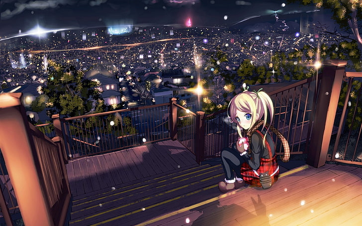 anime girls, original characters, city, upscaled, night, real people, HD wallpaper