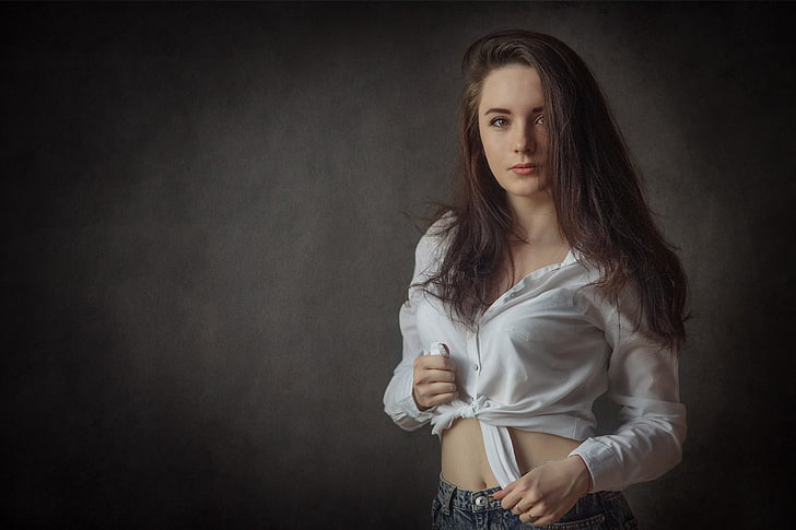jeans, white shirt, portrait, women, model, long hair, simple background, HD wallpaper