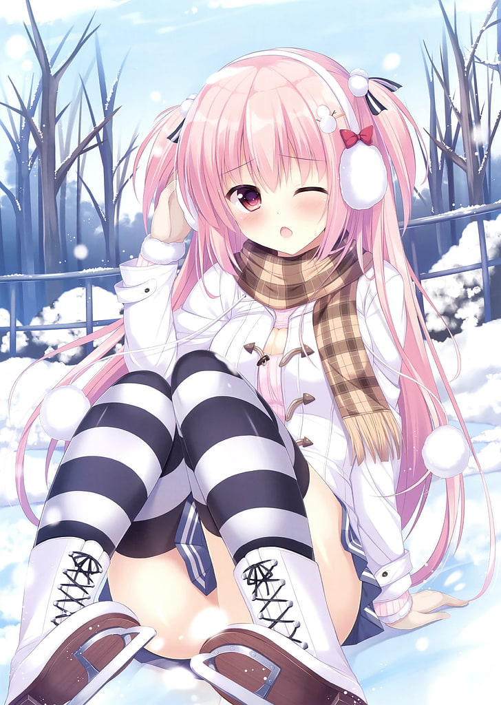 pink hair, censored, cleavage, ice skate, sweater, thigh-highs, HD wallpaper