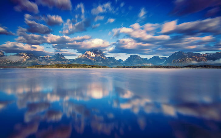 Grand Teton National Park, Jackson Lake, clouds, mountains, water, blue sky, HD wallpaper