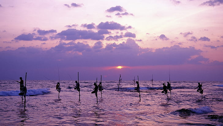 Sri Lanka, sea, dusk, people fishing, SriLanka, HD wallpaper