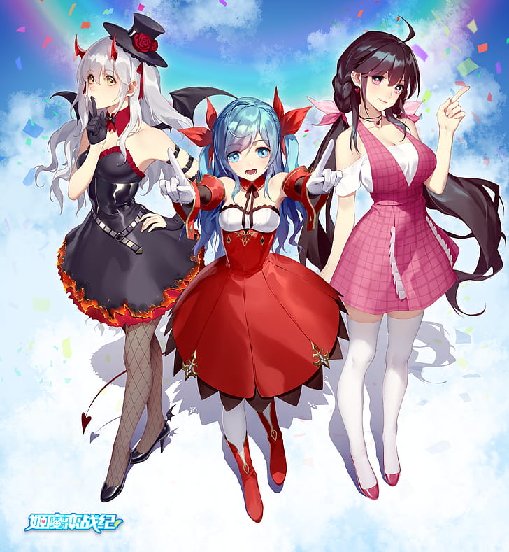 anime girls, original characters, women, white hair, blue hair
