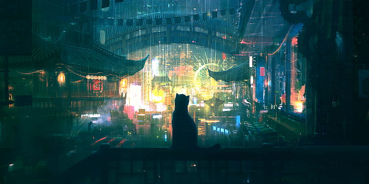 digital art, environment, cats, rain, lights, Japanese, balcony