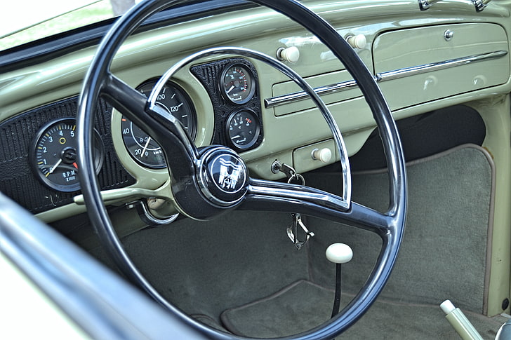 black and gray car steering wheel, Volkswagen Beetle, vintage