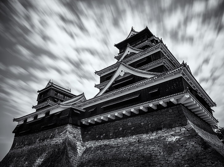 Kumamoto Castle Black and White, Hilltop, Wall, Cloudy, Japan