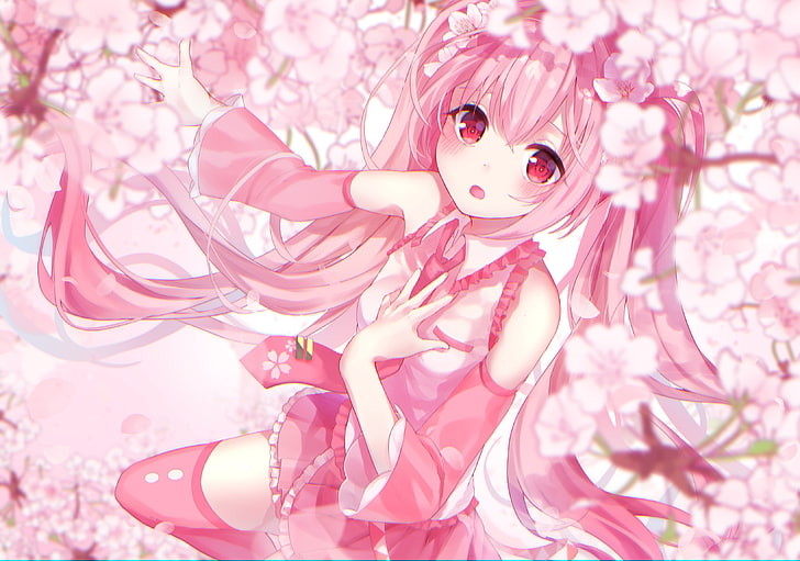 hatsune miku, pink hair, sakura blossom, twintails, vocaloid