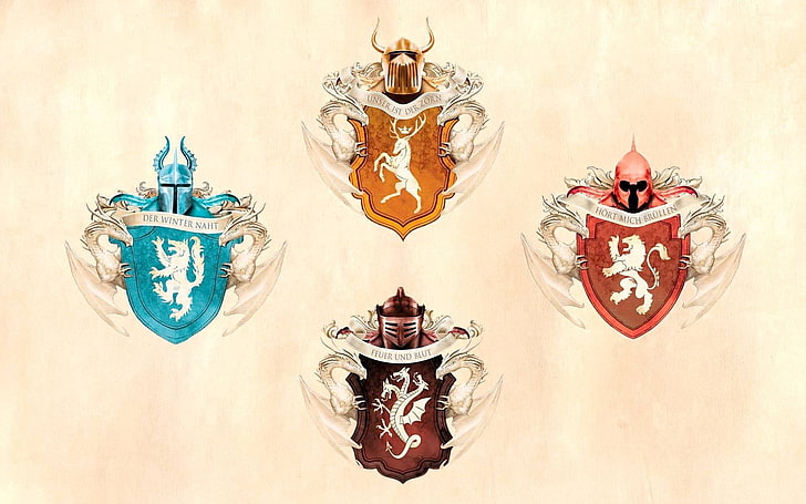 four assorted-color shield and helmet logos, game of thrones