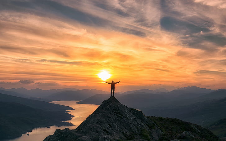 photo of man on top of mountain during sunset, Trossachs, Scotland, HD wallpaper