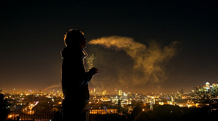 man standing wallpaper, smoking, night, building exterior, cityscape