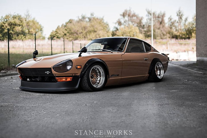 brown coupe with text overlay, old car, sports, drift, city, Datsun 240Z