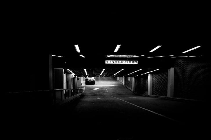 black and white, car, dark, parking, parking lot, underground garage, HD wallpaper