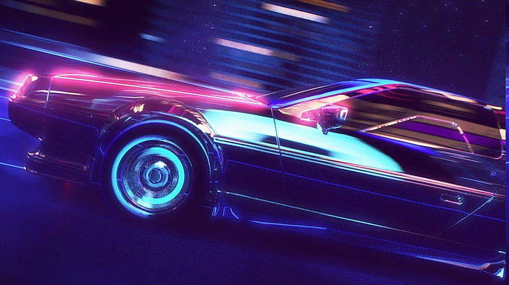 1980s, car, DeLorean, neon, New Retro Wave, retro Games, synthwave