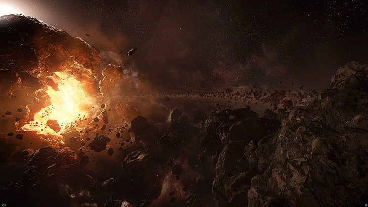 explosion of rock formation, space, asteroid, Star Citizen, night