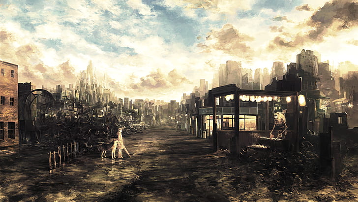fantasy art, city, apocalyptic, ruin, wasteland, dog, HD wallpaper