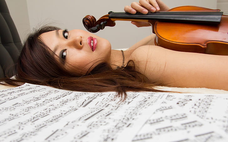 Asian girl, violin, music, bed, brown violin