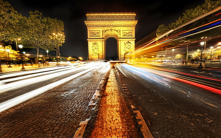 time lapse photo of Arch de Triomphe, Paris, light trails, Arc de Triomphe