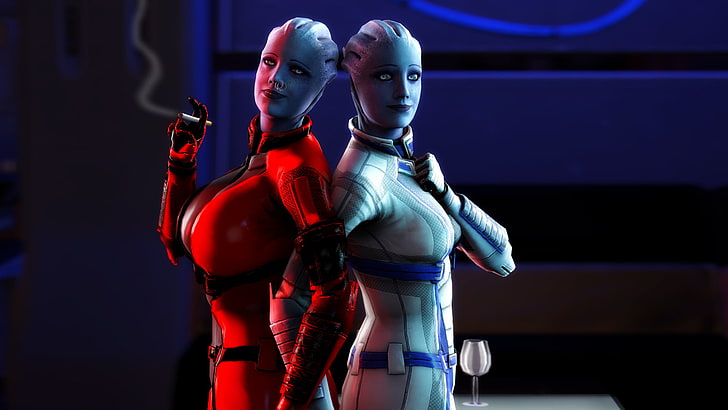 two robots illustration, profile of woman wallpaper, Asari, Mass Effect