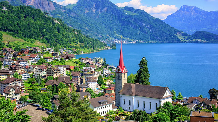 lake lucerne, sky, mountain village, europe, st mary church, HD wallpaper