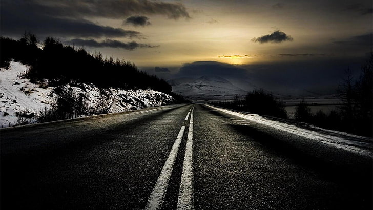 winter, sunset, evening, road, endless, asphalt, sky, direction