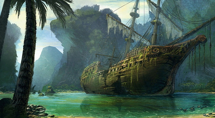illustration of shipwreck, fantasy art, artwork, nature, tree, HD wallpaper