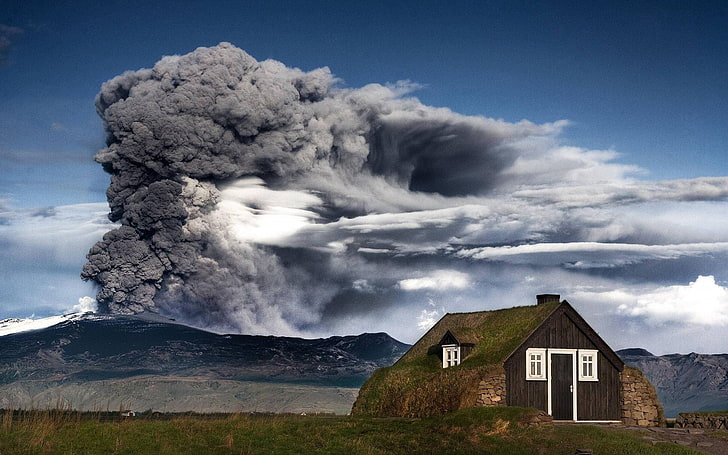 brown shed, Iceland, eruption, mountains, volcano, sky, cloud - sky