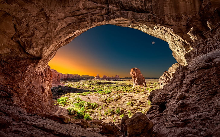 brown rock formation, empty brown cave, nature, landscape, Moon, HD wallpaper