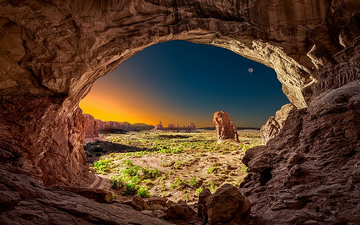 rock, Arches National Park, Moon, desert, sunrise, landscape, HD wallpaper