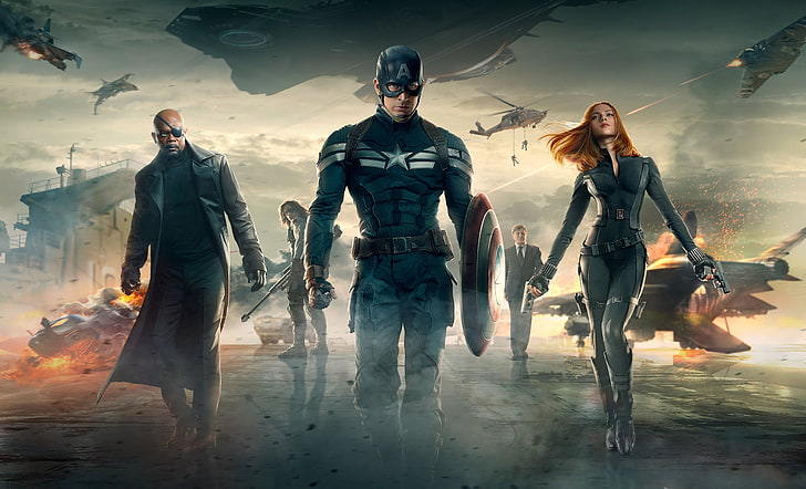 Captain America, Black Widow, and Samuel L Jackson digital wallpaper