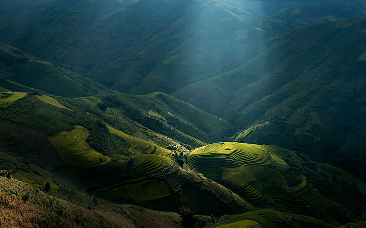 sun rays, mountains, valley, sunlight, Vietnam, terraces, landscape, HD wallpaper