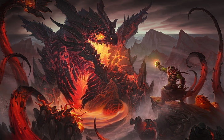 game digital wallpaper, dragon, orcs, mountains, World of Warcraft