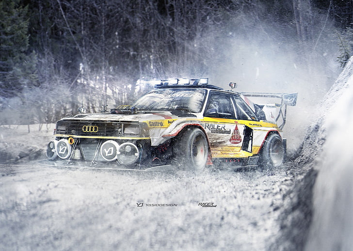 yellow and black Audi rally car, YASIDDESIGN, render, artwork