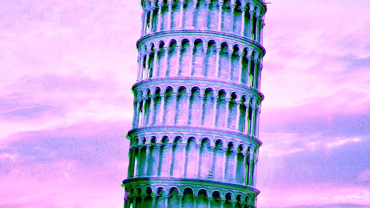 glitch art, Leaning Tower of Pisa, magenta, vaporwave