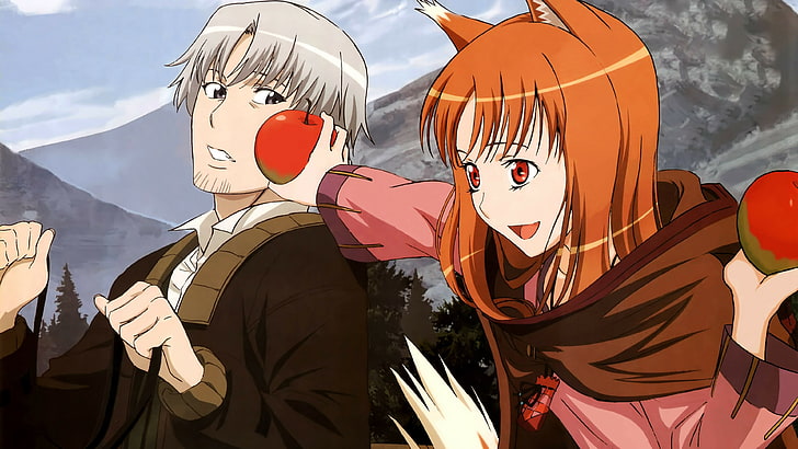two anime characters, Spice and Wolf, Holo, Lawrence Craft, apples, HD wallpaper