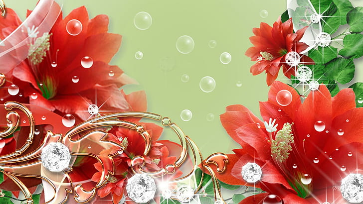Blowing Bubbles, red flowers, diamonds, leaves, swirls, gold
