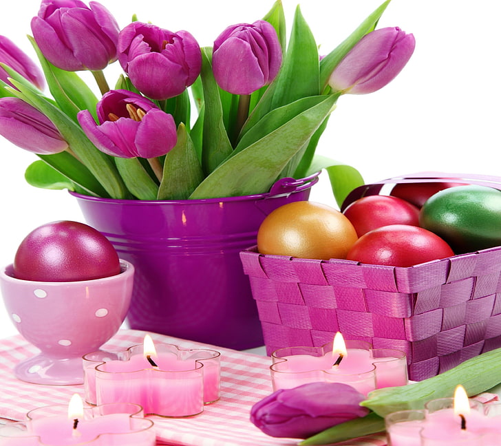 purple tulip arrangement, easter, holiday, eggs, tulips, candles