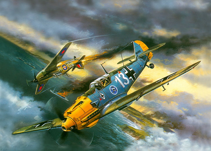 two yellow-and-blue fighter jets illustration, Messerschmitt