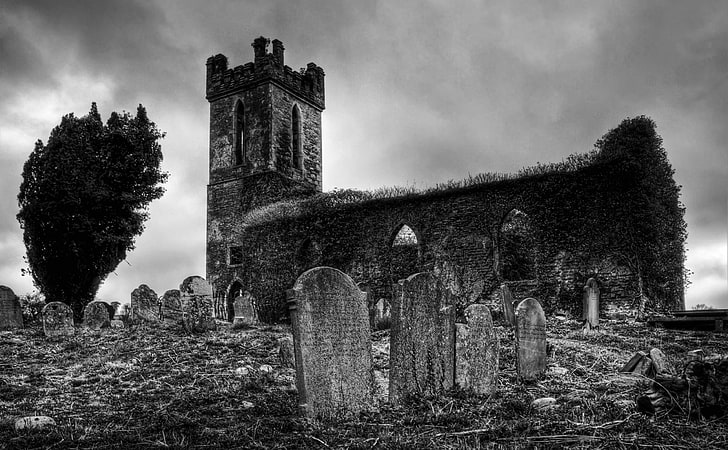 Old Church, Holidays, Halloween, White, Black, Ruins, Ireland