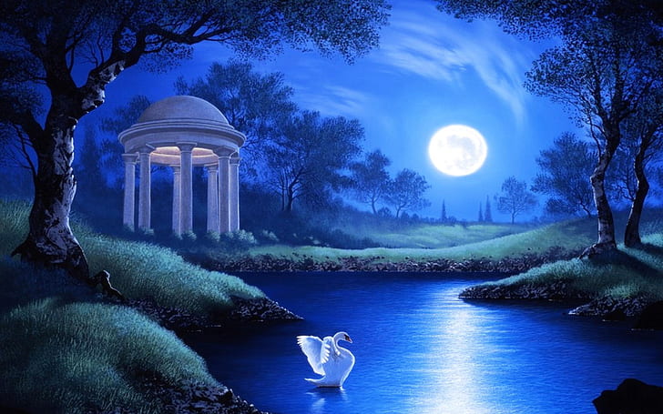 Artistic, Night, Blue, Fantasy, Garden, Gazebo, Lake, Moon, HD wallpaper