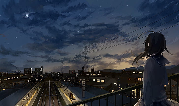 HD wallpaper: anime girl, city, night, clouds, back view, school uniform |  Wallpaper Flare