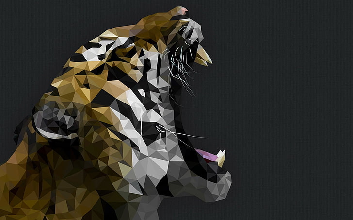 tiger mosaic artwork, gray background, animals, low poly, digital art, HD wallpaper