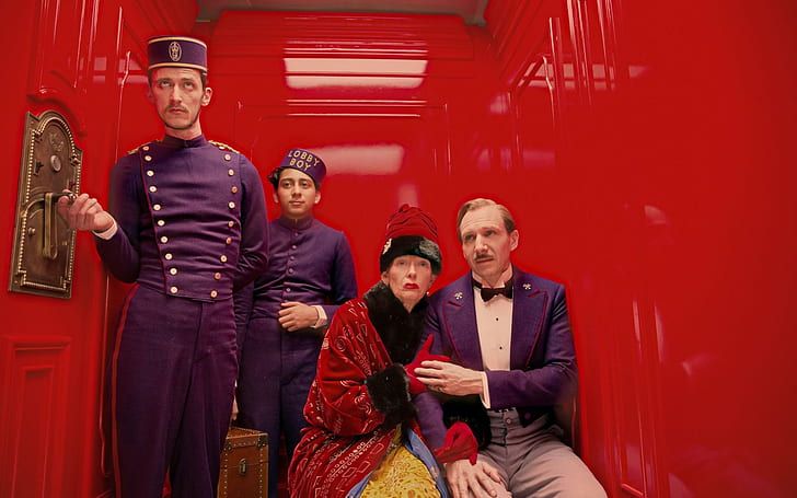 the grand budapest hotel, ralph fiennes, people, lift, red, maid, uniforms, the grand budapest hotel movie, HD wallpaper