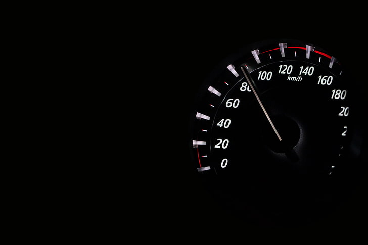 black analog vehicle speedometer, numbers, darkness, car, dashboard